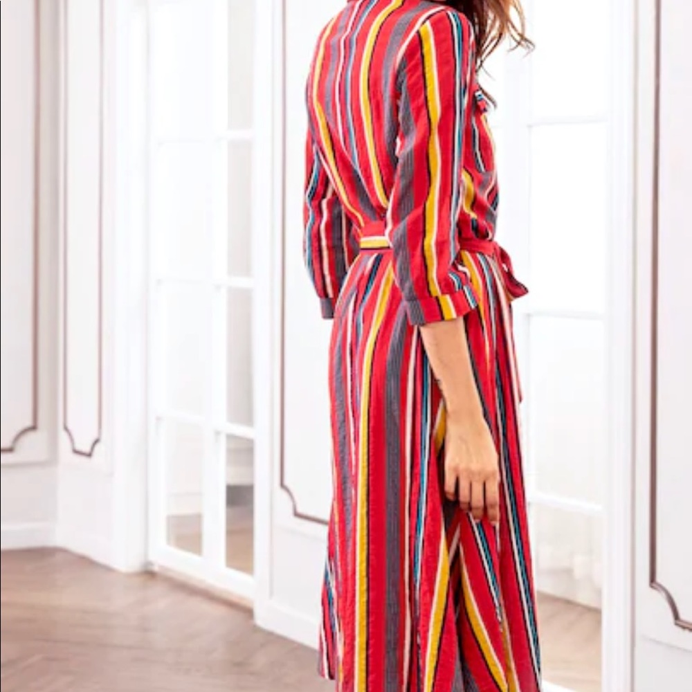 Belted Long 3/4 Sleeve Button Up Striped Dress Red - Picture 2 of 4